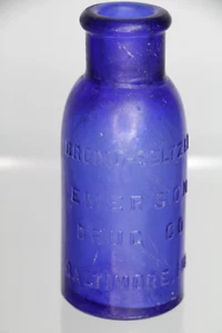 Botella de medicina antigua Bromo-Seltzer Emerson Drug Baltimore vidrio azul cobalto - Imagen 1 de 13