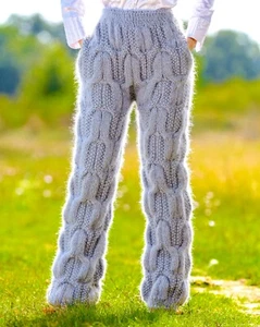 Gray cable mohair pants thick chunky fuzzy thick trousers by SUPERTANYA - Picture 1 of 7
