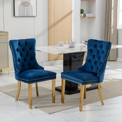 2 Set Velevet Dining Chairs Kichen Side Chairs W/ Gold Stainless Steel Legs Blue - Image 1 of 4