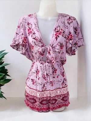 Mameluco Kendall & Kylie para mujer lavanda multicolor floral con corbata frontal talla XS Foto 1 de 4