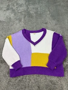 LSU Tigers Anthropologie POL Sweater Womens Medium Fuzy Colorblock Deep V Neck - Picture 1 of 10