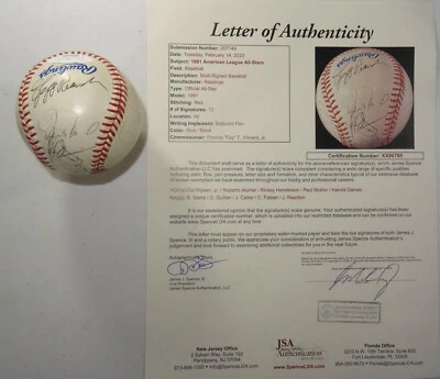 SIGNED A.L. TEAM AUTOGRAPHED 1991 ALL - STAR GAME BALL CERTIFIED JSA LOA XX96785 - Image 1 of 4