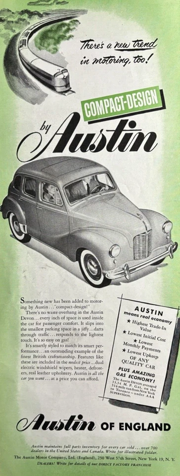 1951 Austin Англии автомобиля компактный дизайн новый тренд Motoring винтажный печатная реклама - Изображение 1 из 1