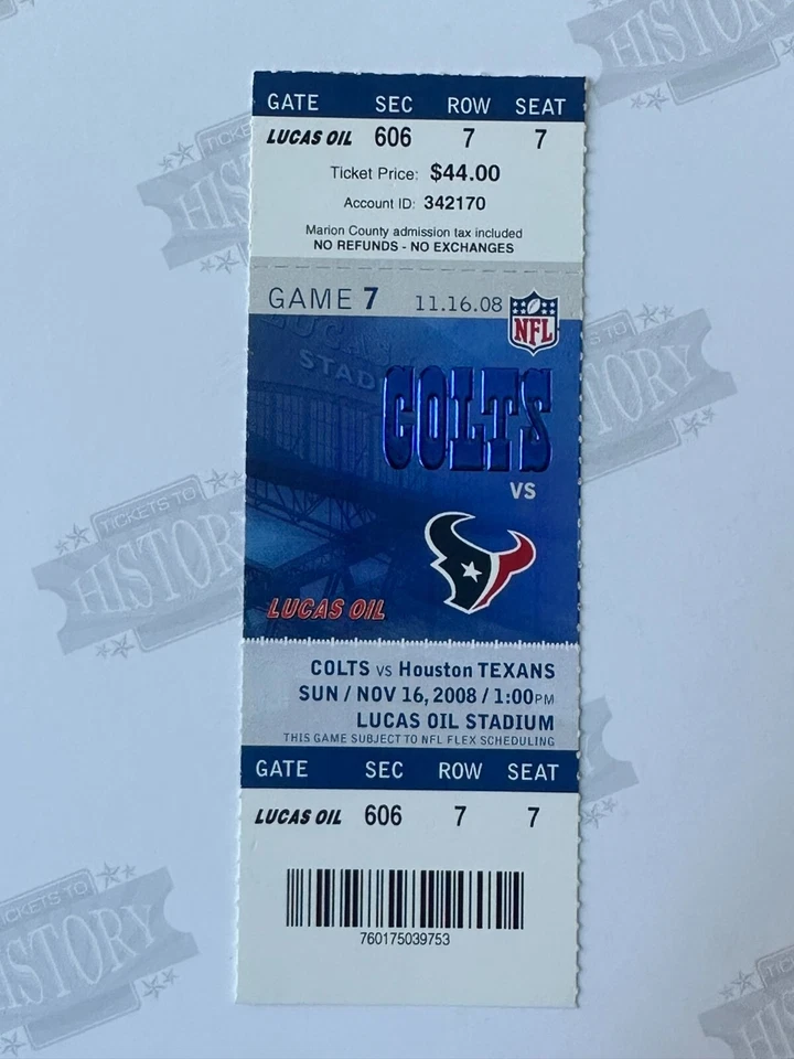 Boleto 2008 Houston Texans at Indianapolis Colts 16/11/08 Peyton Manning Foto 1 de 1