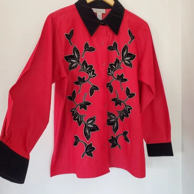 Top VICTOR COSTA OCASION L Rojo Negro Terciopelo Metálico Plateado Cuentas A Presión LS De Colección Foto 1 de 4