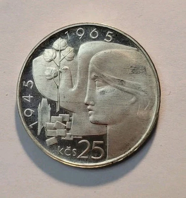 1965  Czechoslovakia 25 Korun Czech Liberation Commemorative Silver  Proof Coin - Image 1 of 4