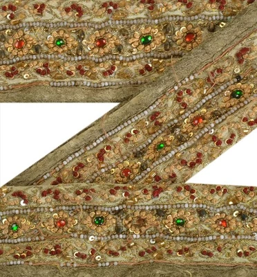 Sanskriti Vintage Sari Borde Cuentas a Mano Artesanal Floral Crema Interior 1 Yarda Encaje Foto 1 de 4