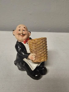 Cute Butler/Waiter Hold Straw Basket Toothpick Holder Resin Figure 4" - Picture 1 of 5
