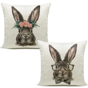 Easter Decorations Bunny Rabbit Throw Pillow Cover Couch Sofa Gift 2PCS 18"x18" - Picture 1 of 12