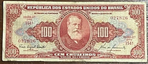 Brazil Banknote 100 Cruzeiros 1960 - C095 / P-162 - Serial 154 N.027826 - Picture 1 of 2