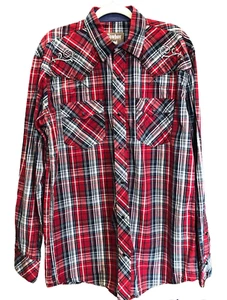 COWBOY LEGEND-Western Red Plaid FLIP CUFF Rockabilly Black PEARL SNAP Shirt~XL - Bild 1 von 8