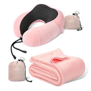 Pink Travel Neck Pillow and Blanket Set for Airplane Travel Essentials Womens... - Picture 1 of 9
