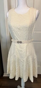 NWT Cupcakes And Cashmere Lace Fit & Flare Cream Dress With Ornate Belt Sz. Med. - Picture 1 of 12