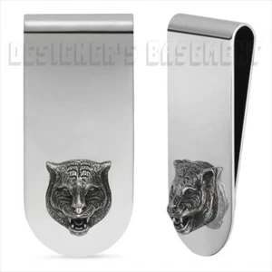 GUCCI Sterling Silver FELINE HEAD Tiger Cat Trademark logo Money Clip NIB Authen - Picture 1 of 8