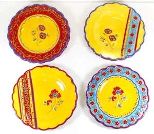 Salad Plates Floral Yellow Red Blue MWW Market Pottery Set 4 - Picture 1 of 9