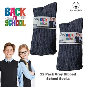 Kids 12 Pack Quality Cotton Rich Ribbed School socks Black Grey Boys Girls - Picture 1 of 7