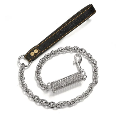 DOG LEASH STAINLESS STEEL CHAIN LINK-30" W/LEATHER STRONG HANDLE WALKING RUNNING - Image 1 of 4