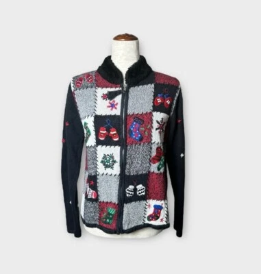 Suéter Erika Navidad Talla Pequeña Cárdigan Bordado Vacaciones Cremallera Completa Negro Foto 1 de 4