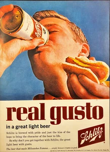 1962 Schlitz Bier Real Gusto Guy trinkt Bierdose mit Hotdog Vintage Print Ad - Bild 1 von 1