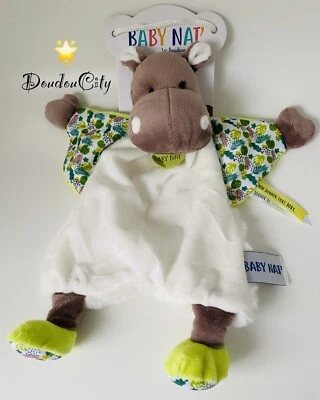 3987🌟 Doudou Plat Mouchoir Babynat BABY NAT Hippopotame Bazile Blanc Vert - Photo 1/2