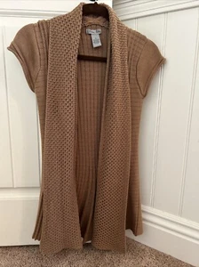 Olivia Sky Women's Cap Sleeve Taupe Cardigan Sweater Vest Small 29” Length - Picture 1 of 16