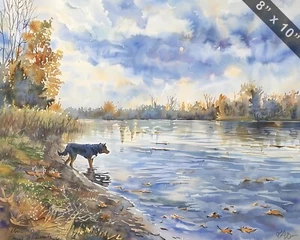 Dog exploring a serene lake shore watercolor painting -- 8x10 Print jpg - Picture 1 of 1