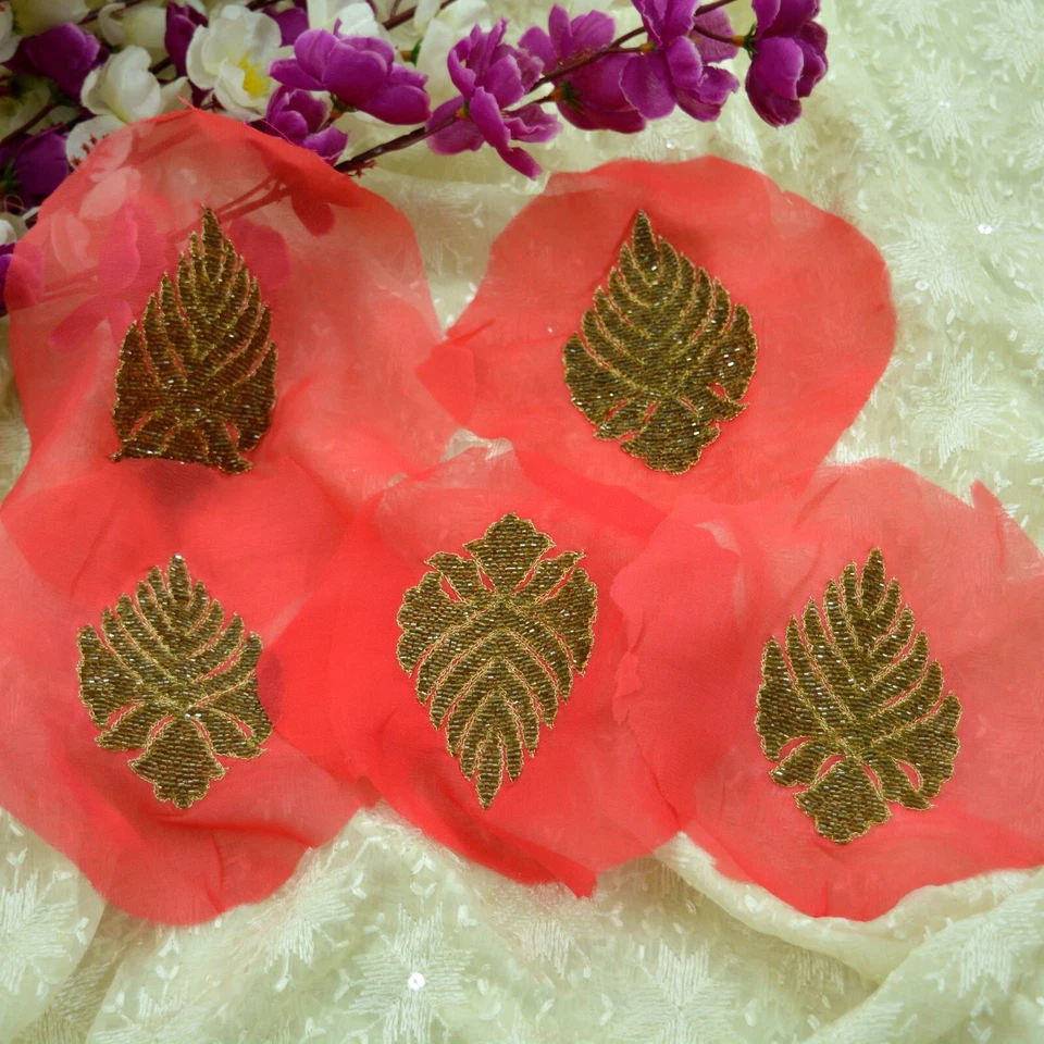 VERY OLD ANTIQUE Vintage 5Pcs Rare Appliques Red Georgette Hand Embroidered Zari - Image 1 of 4