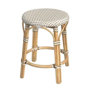 Tobias Rattan Round 18" Stool, White and Tan Dot - Picture 1 of 7