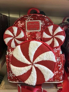 Disney Parks Rucksack Loungefly 2025 Weihnachten Peppermint Swirl Rot & Weiß Neu mit Etikett - Bild 1 von 1