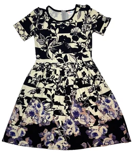 LuLaRoe Womens Dress Size XL Amelia Ivory Black Purple Roses Floral Dipped - Picture 1 of 6