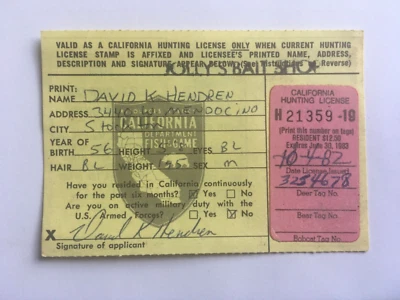 1982 Federal Migratory Bird & California State Duck Stamp On CA Hunting License - Image 1 of 4