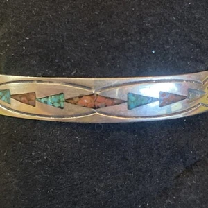 Vintage Sterlingsilber signiert Zuni Türkis & Koralle Inlay Pfeil Manschette Armband - Bild 1 von 14