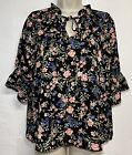 Cece Small Blouse Black Pink Floral Short Bell Sleeve Tie Ruffle Neck Top
