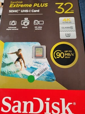 SanDisk Extreme PLUS SDHC UHS-I Card | 32GB | 1014008 90MG Read Speed - Image 1 of 2