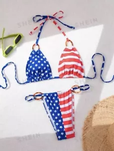SHEIN Swim American flag red stars blue 4th of July Bikini Swimsuit USA sz XL - Picture 1 of 7