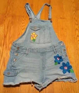 No Boundaries Vintage Overalls Short Shorts Women Size L 11-13 Blue Denim Flower - Picture 1 of 7