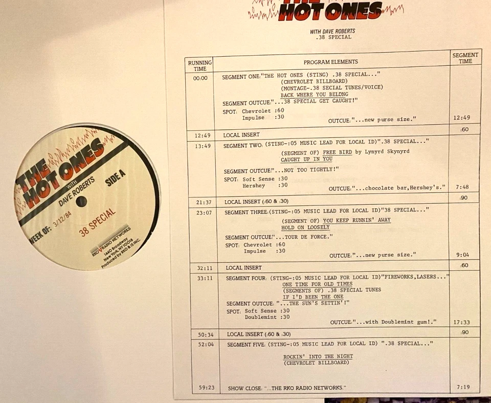 3/12/84 HOT ONES 38 SPECIAL IN STUDIO, w/DAVE ROBERTS PRODUCERS STOCK, MINT, - Image 1 of 1