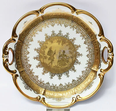 D W Karlsbader Porzellan Manufaktur Schale Platte Golddekor Liebespaar 32 x 31cm - Bild 1 von 3