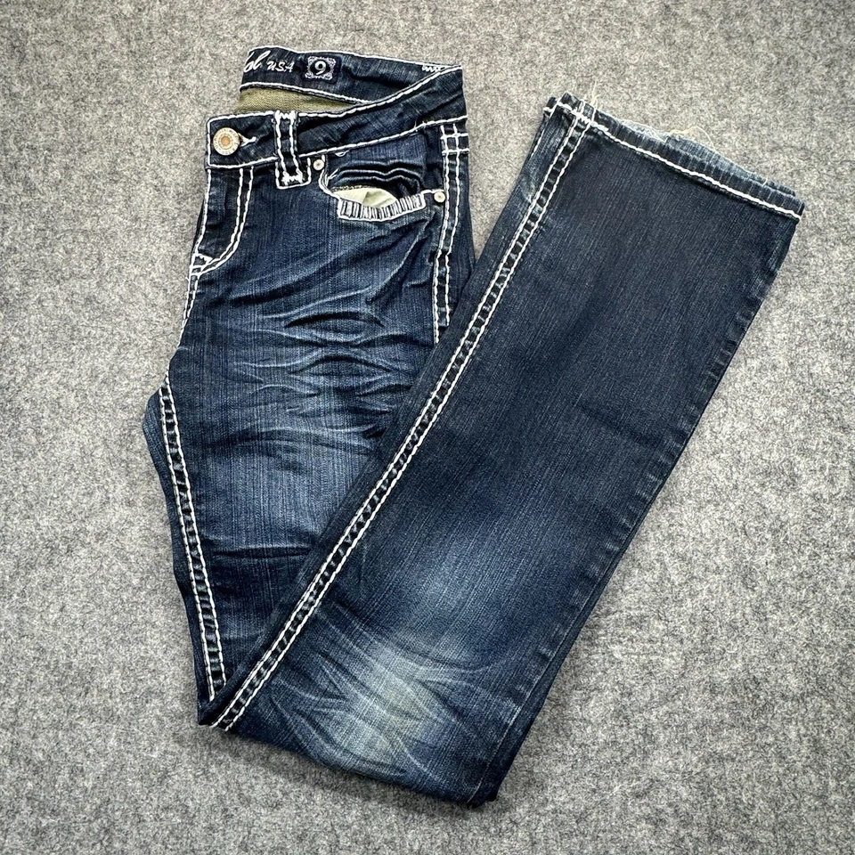 LA Idol Women’s Size 9 Bootcut Jeans Distressed Dark Wash Embroidered Western - Image 1 of 4