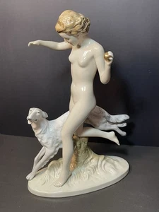 Royal Dux Porcelain Art Nouveau Deco 14" Statue Huntress Nude Lady W/ Dog READ - Picture 1 of 22