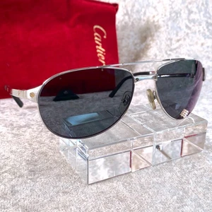 Cartier Sunglasses Santos Dumont Silver Black Leather 58-16-130 - Picture 1 of 15