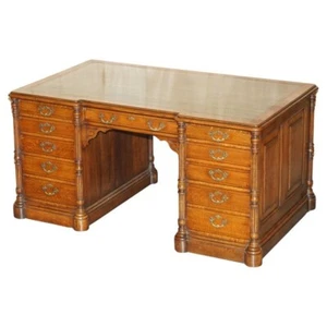 ANTIQUE RESTORED C HINDLEY & SON ENGLISH OAK GREEN LEATHER DOUBLE SIDED DESK - Picture 1 of 24