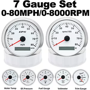7 Gauge Set 85mm White Boat GPS Speedometer 80MPH Tacho 8000RPM Gauge Waterproof - Picture 1 of 20