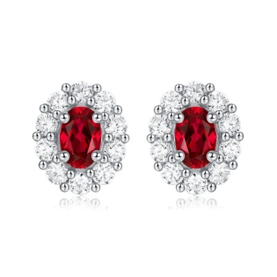 1CT Oval Lab Created Ruby Halo Engagement Wedding Stud Earring 14K White Gold FN - Image 1 of 4