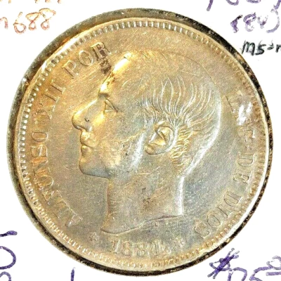 Spain 1884 (84) MS-M 5 pesetas  KM 688 VF - Image 1 of 2