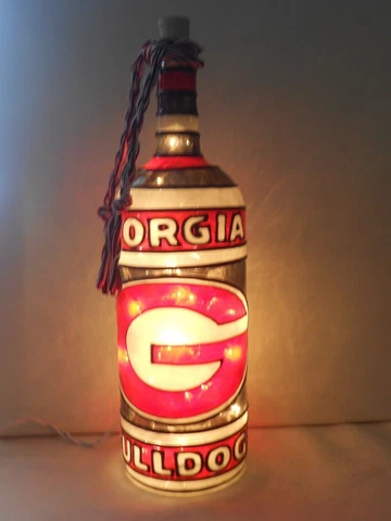 Georgia Bulldogs Inspired Bottle Lamp Hand painted Lighted Stained Glass Look Cover