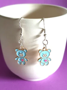🧸Cute Blue Enamel Teddy Bear 925 Sterling Silver Plated Earrings🧸 - Picture 1 of 9