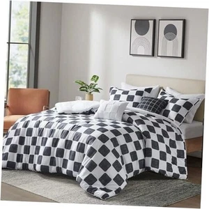 Queen Comforter Set Chic Black & White Checkered Print Comforter Queen Size, - Picture 1 of 8