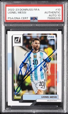2022 PANINI DONRUSS FIFA #10 LIONEL MESSI PSA AUTHENTIC AUTO 10 - Image 1 of 2