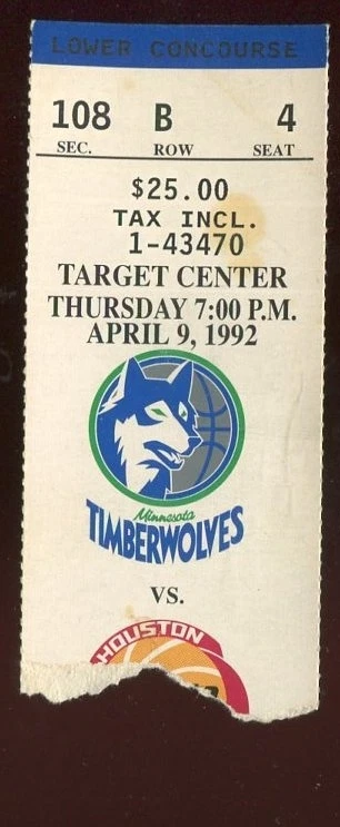 Ticket Basketball Minnesota Timberwolves 1991 - 92 4/9 Houston Rockets - Image 1 of 1